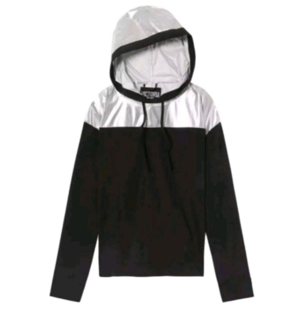 Victoria's Secret Black Silver Foil Pullover Hoodie Lightweight Jacket L NWT $50